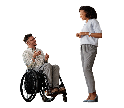 man in wheelchair looking at woman with labtop