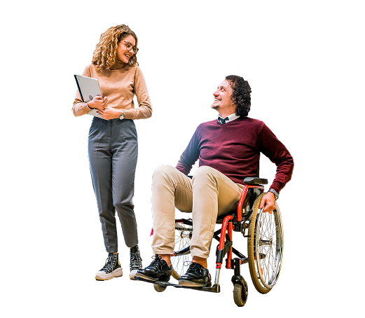man in wheelchair looking at woman with labtop