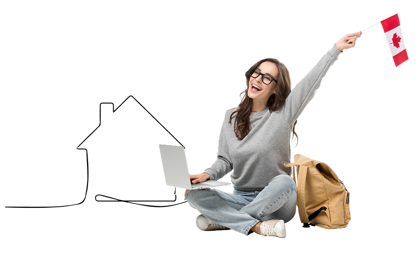 Woman on computer waving Canadian flag