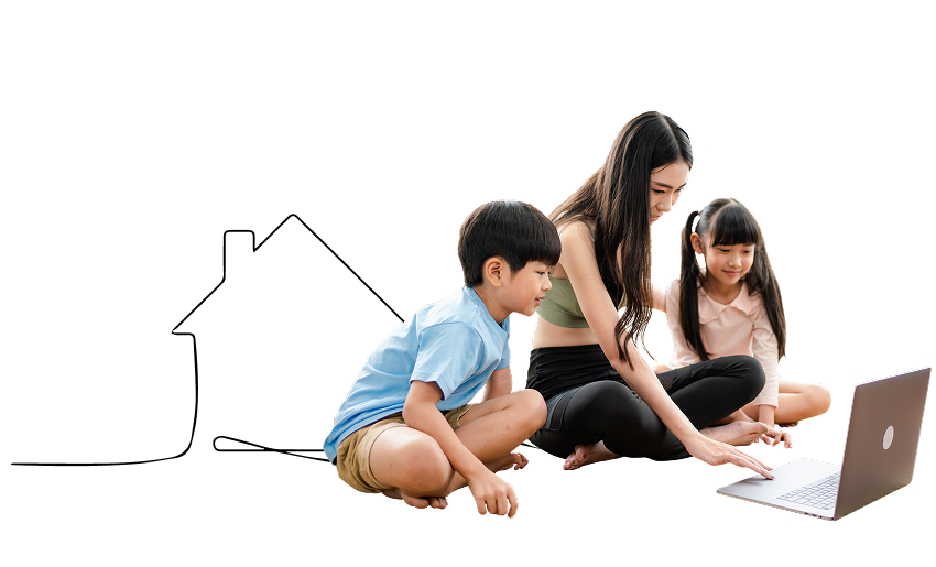Woman using a laptop with her young son and daughter